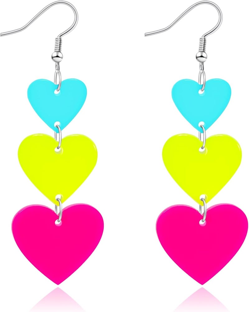 HOLYRY Neon Heart Earrings for Women Acrylic Neon Earrings 80s 90s Outfit for Women Glow Party Accessories Gifts Hot Pink Orange Green Yellow - Image 1
